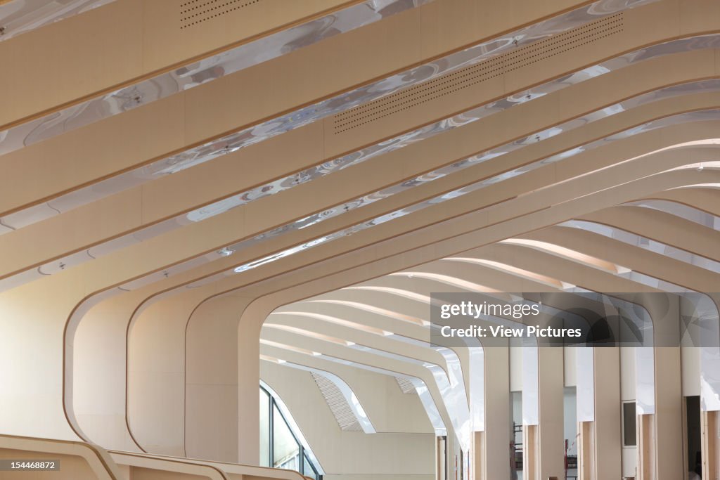 Vennesla Library (Under Construction), Helen & Hard, Vennesla Norway, 2011, Interior Showing Ribbed Roof Looking Towards Main Entrance, Helen & Hard Architects, Norway, Architect