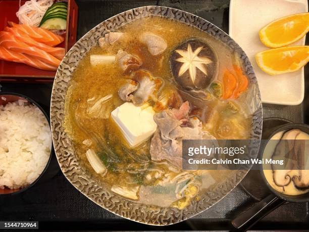 japanese pork nabe rice and soup set meal - chawanmushi stock pictures, royalty-free photos & images