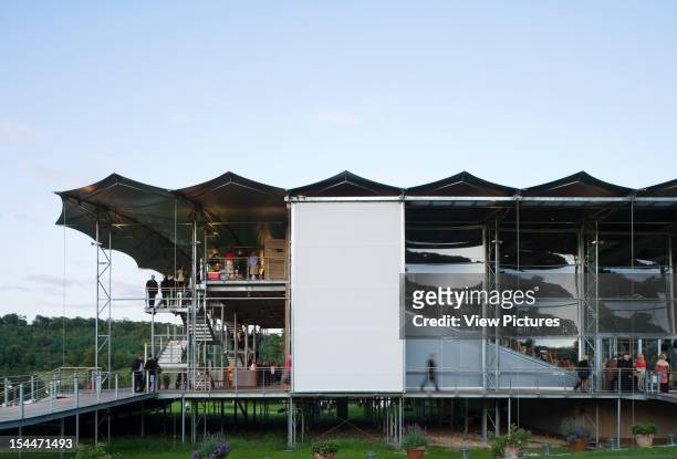 The Garsington Temporary Opera House, Wormsley Estate, Buckinghamshire, Robin Snell Uk, Frontal Dusk Elevation With Visitors, Snell Associates,...