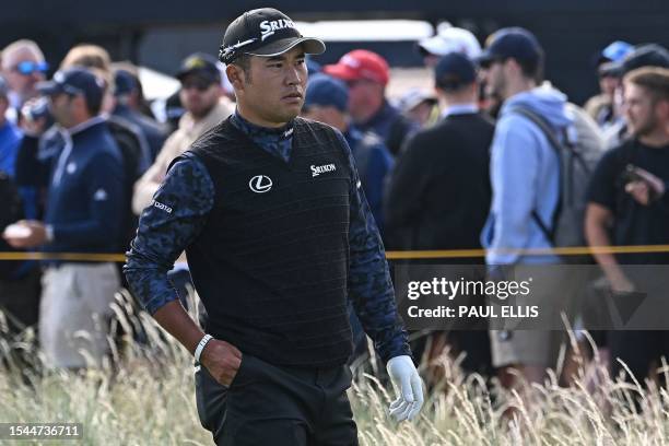 Japan's Hideki Matsuyama leaves the 1st tee on day one of the 151st British Open Golf Championship at Royal Liverpool Golf Course in Hoylake, north...