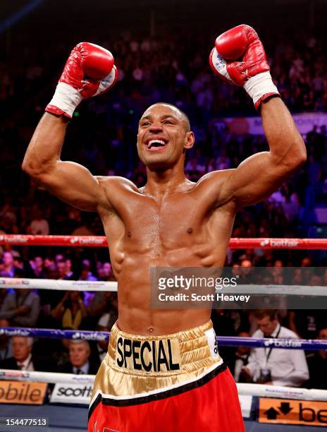 Kell Brook celebrates his victory over Hector Saldivia during their IBF Welterweight Title Eliminator fight on October 20, 2012 in Sheffield, England.