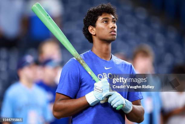 Arjun Nimmala of the Toronto Blue Jays, their 1st pick in the 2023 Major League Baseball draft, takes part in batting practice prior to the Blue Jays...