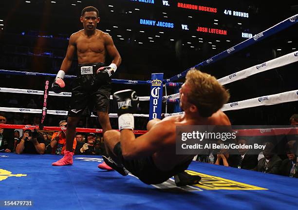 Daniel Jacobs knocks out Josh Luteran in the first round of their middleweight fight at the Barclays Center on October 20, 2012 in the Brooklyn...