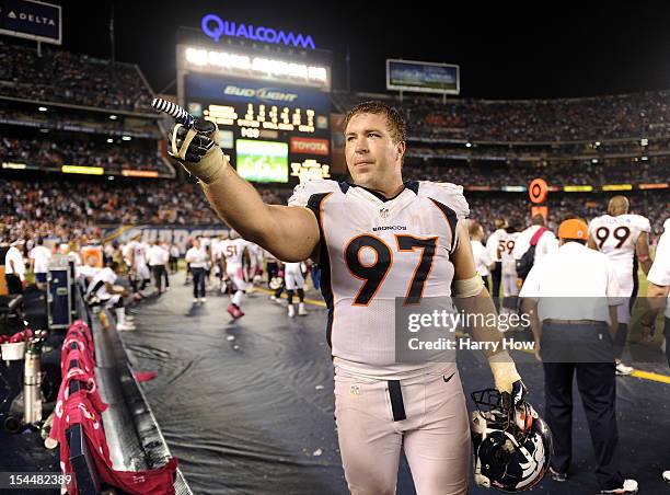 Justin Bannan of the Denver Broncos reacts during a 35-24 comeback win over the San Diego Chargers at Qualcomm Stadium on October 15, 2012 in San...