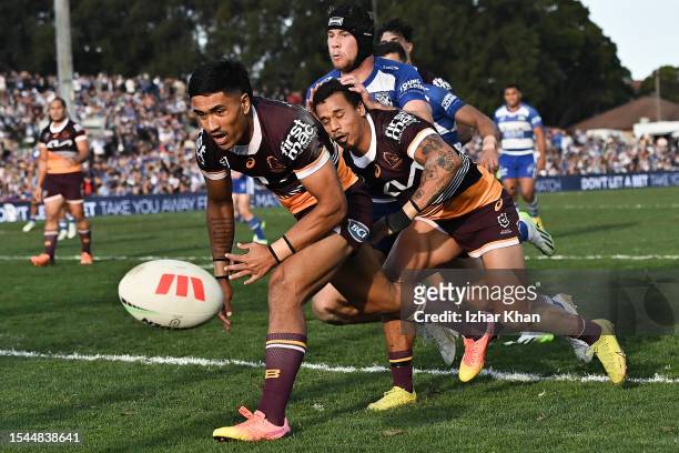 Deine Mariner of the Broncos in action during the round 20 NRL match between Canterbury Bulldogs and Brisbane Broncos at Belmore Sports Ground on...