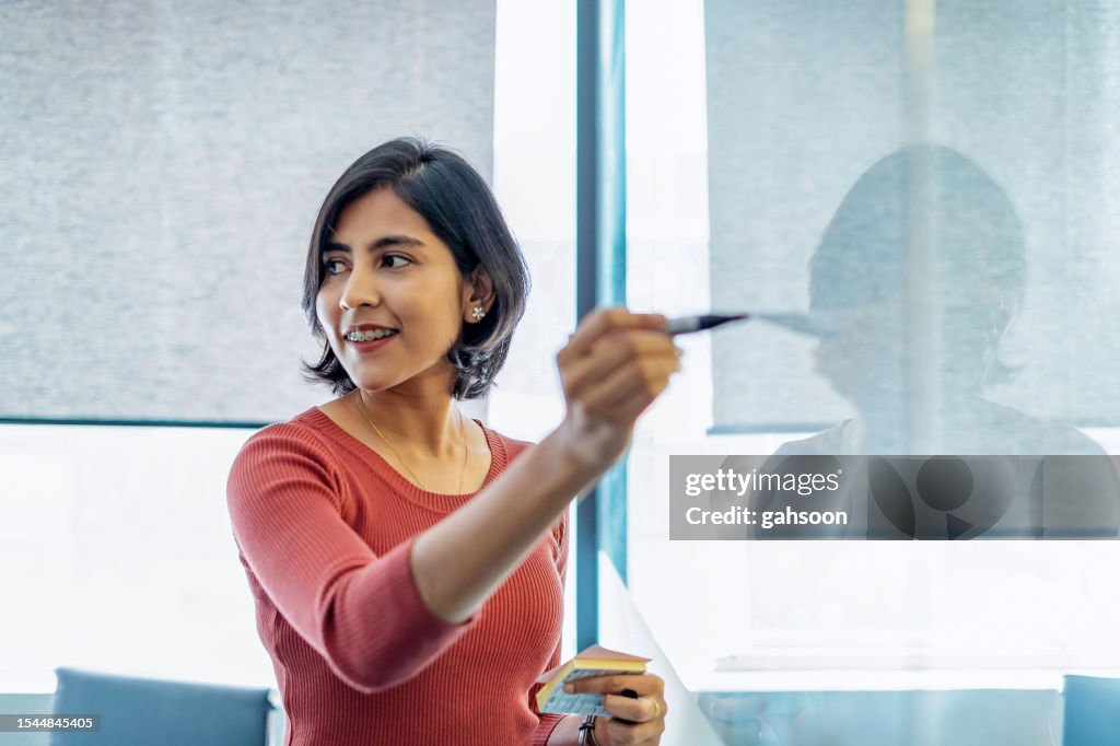 Young businesswoman writing on white board in office