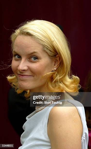 Princess Mette Marit of Norway poses for photographers May 23, 2002 as she arrives for a reception hosted by the Norwegian Government in Trondheim,...