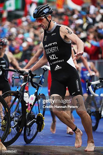 Bevan Docherty of New Zealand races in the 2012 ITU Elite Men's World triathlon Grand Final on October 21, 2012 in Auckland, New Zealand.