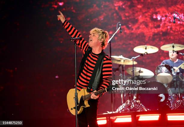 Billie Joe Armstrong and Tré Cool of Green Day perform onstage during the Harley-Davidson's Homecoming Festival - Day 1 at Veterans Park on July 14,...