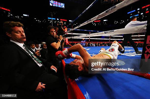 Erik Morales is knocked out by Danny Garcia in the fourth round during their WBC/WBA junior welterweight title at the Barclays Center on October 20,...