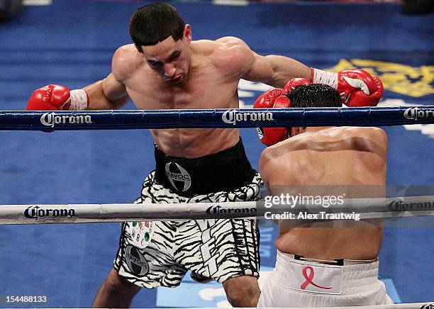 Danny Garcia and Erik Morales exchange punches during their WBA Super, WBC & Ring Magazine Super Lightweight title fight at the Barclays Center on...