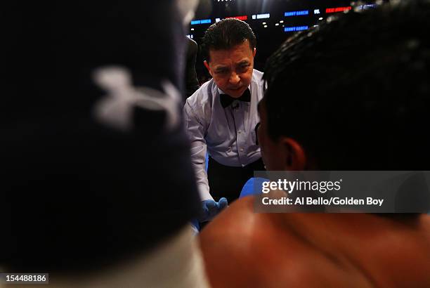 Erik Morales is counted out by referee Benji Esteves after being knocked out in the fourth round by Danny Garcia during their WBC/WBA junior...