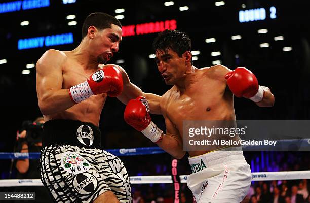 Danny Garcia and Erik Morales exchange punches during their WBC/WBA junior welterweight title at the Barclays Center on October 20, 2012 in the...