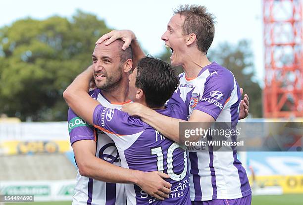 Billy Mehmet of the Glory celebrates after scoring a goal during the round three A-League match between Perth Glory and the Melbourne Heart at nib...