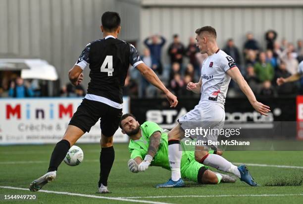 Louth , Ireland - 20 July 2023; John Martin of Dundalk scores his side's second goal during the UEFA Europa Conference League First Qualifying Round...