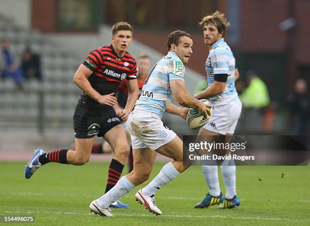 Olly Barkley of Racing Metro passes the ball during the Heineken Cup match between Saracens and Racing Metro at King Baudouin Stadium on October 20,...