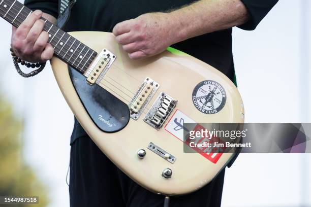Detail of guitarist, songwriter and lead singer Dave Wakeling of The English Beat's guitar as he performs live on stage at Marymoor Park on July 14,...