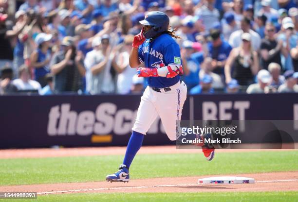 Vladimir Guerrero Jr. #27 of the Toronto Blue Jays celebrates his home run against the San Diego Padres during the seventh inning in their MLB game...