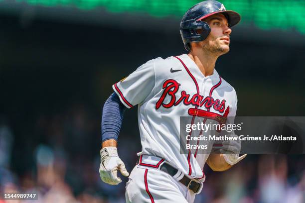 Matt Olson of the Atlanta Braves hits a home run in the eighth inning during the game against the Arizona Diamondbacks at Truist Park on July 20,...