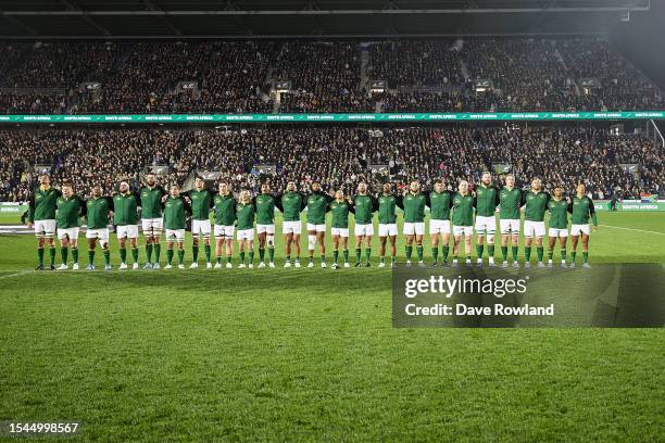 South Africa line up for the national anthem during The Rugby Championship match between the New Zealand All Blacks and South Africa Springboks at Mt...