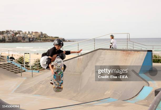 Skateboarder is seen at Bondi Skate park next to Bondi Beach ahead of the FIFA World Cup Australia & New Zealand 2023 on July 15, 2023 in Sydney,...