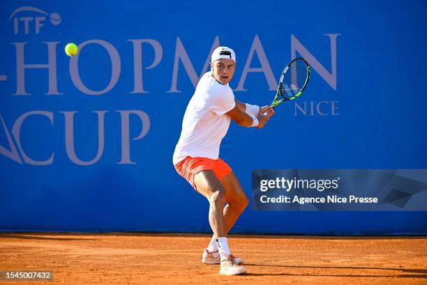 Holger RUNE of Denmark during the Day 2 of Hopman Cup at Nice Lawn Tennis Club on July 20, 2023 in Nice, France.