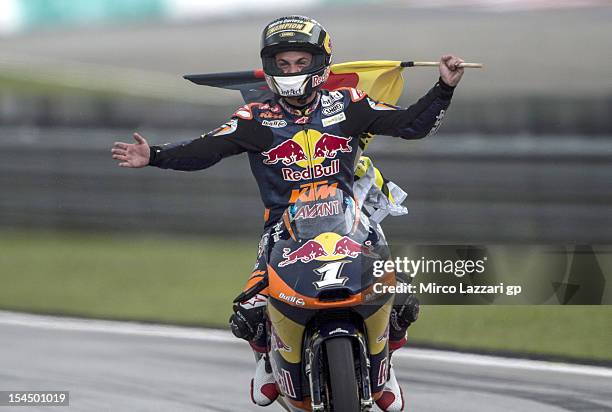 Sandro Cortese of Germany and Red Bull KTM Ajo celebrates with the flag after winning the Moto3 race, sealing victory in the Moto3 Championship,...