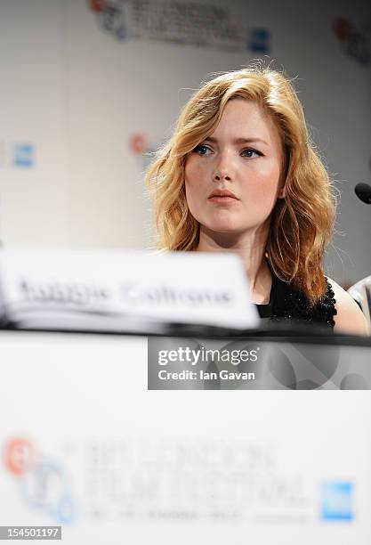 Holliday Grainger attends a press conference for 'Great Expectations' which will close the 56th BFI London Film Festival at Empire Leicester Square...