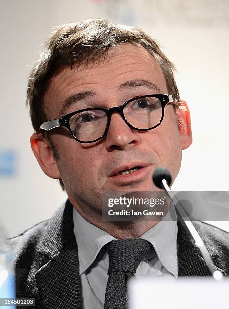 Screenwriter David Nicholls attends a press conference for 'Great Expectations' which will close the 56th BFI London Film Festival at Empire...