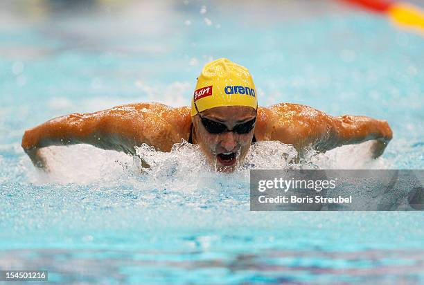 Martina Granstroem of Sweden competes in the women's 200 m butterfly heats during day two of the FINA Swimming World Cup at Eurosportpark on October...