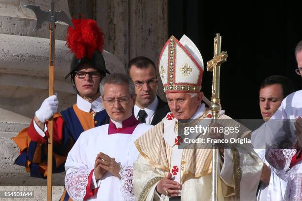 Pope Benedict XVI arrives in St. Peter's Square for a canonisation ceremony on October 21, 2012 in Vatican City, Vatican. The Pontiff today named...