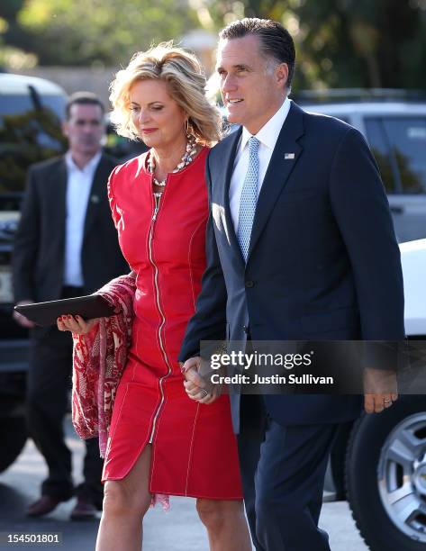 Republican presidential candidate, former Massachusetts Gov. Mitt Romney and his wife Ann Romney arrive for church services at the Church Of Jesus...