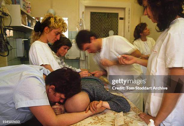 Boy receives chemotherapy in the cancer ward at Jena hospital in Germany, where high levels of uranium pollute the surrounding area, Jena, East...