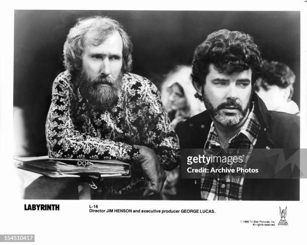 Jim Henson and George Lucas in publicity portrait for the film 'Labyrinth', 1986.