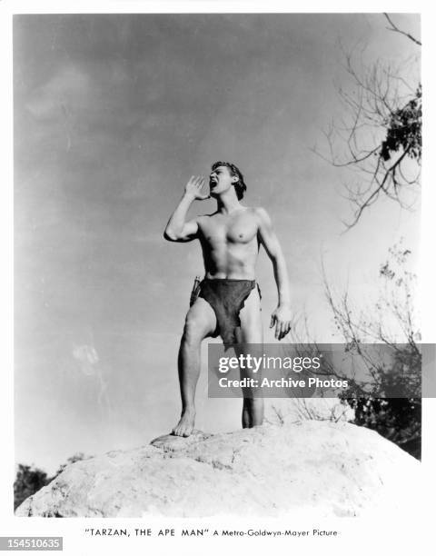 Johnny Weissmuller does his famous yell in a scene from the film 'Tarzan, The Ape Man', 1932.