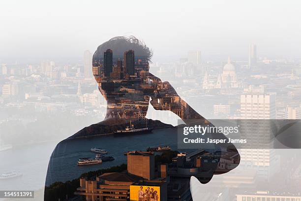 double exposure of man using phone and cityscape - man silhouette stock pictures, royalty-free photos & images