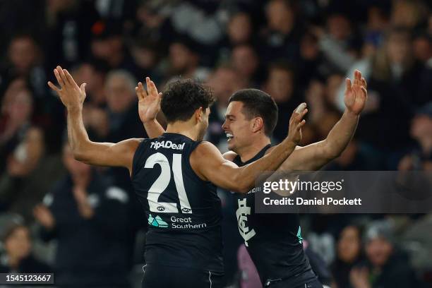 Jack Silvagni of the Blues celebrates kicking a goal during the round 18 AFL match between Carlton Blues and Port Adelaide Power at Marvel Stadium,...