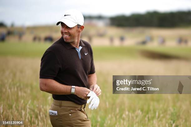 Rory McIlroy of Northern Ireland walks off the 1st tee during Day Three of the Genesis Scottish Open at The Renaissance Club on July 15, 2023 in...