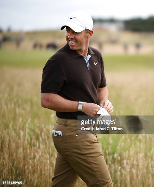 Rory McIlroy of Northern Ireland walks off the 1st tee during Day Three of the Genesis Scottish Open at The Renaissance Club on July 15, 2023 in...