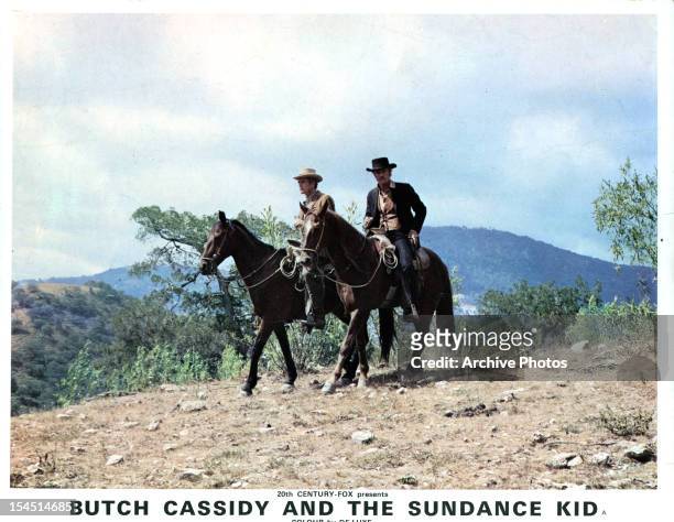 Paul Newman rides horses alongside Robert Redford in a scene from the film 'Butch Cassidy And The Sundance Kid', 1969.