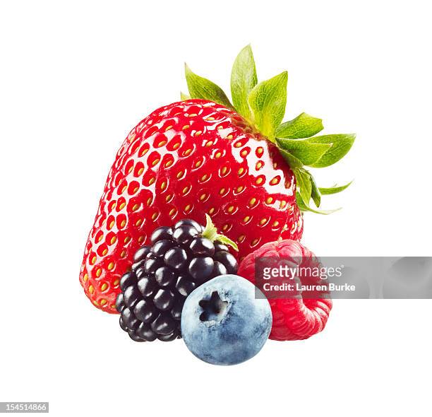 assorted berries on white background - berry fruit stock-fotos und bilder