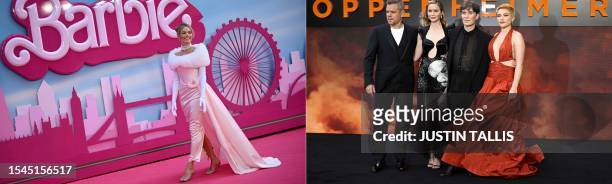 This combination of file pictures created on July 20, 2023 shows Australian actress Margot Robbie as she poses on the pink carpet during the European...