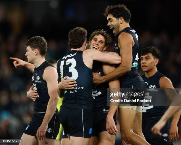 Charlie Curnow of the Blues celebrates kicking a goal during the round 18 AFL match between Carlton Blues and Port Adelaide Power at Marvel Stadium,...