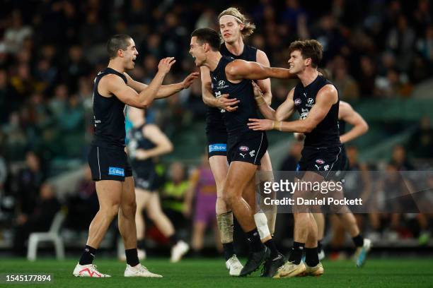 Jack Silvagni of the Blues celebrates kicking his fourth goal during the round 18 AFL match between Carlton Blues and Port Adelaide Power at Marvel...