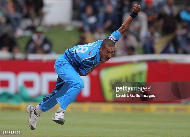 Alfonso Thomas of the Titans in action during the Champions league twenty20 match between CLT20 Kolkata Knight Riders v Nashua Titans at Sahara Park...