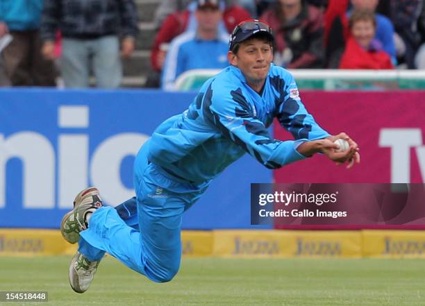 De Villiers of the Titans catches Manvinder Bisla of the Kolkata Knight Riders during the Champions league twenty20 match between CLT20 Kolkata...