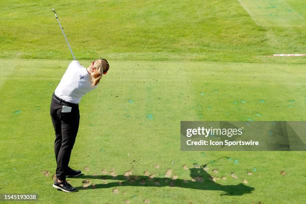 Golfer Brooke Henderson plays her tee shot on the 18th hole on July 20 during the second round of the Dow Great Lake Bay Invitational at Midland...