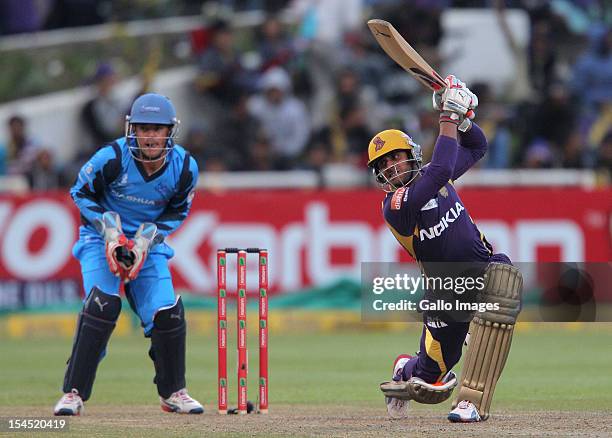 Manoj Tiwary of the Kolkata Knight Riders in action during the Champions league twenty20 match between CLT20 Kolkata Knight Riders v Nashua Titans at...