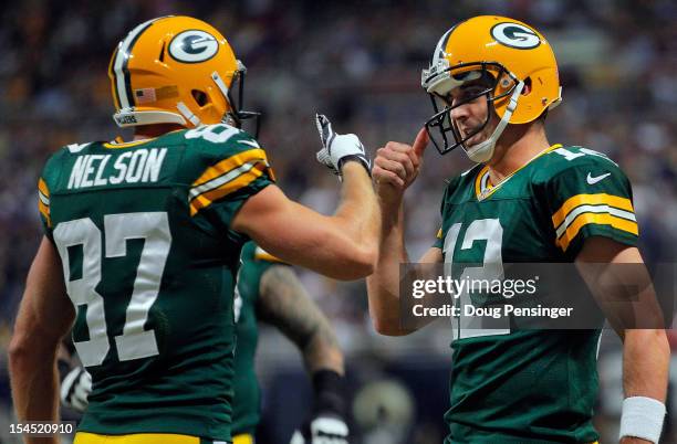 Wide receiver Jordy Nelson of the Green Bay Packers and quarterback Aaron Rodgers of the Green Bay Packers celebrate their three yard touchdown...