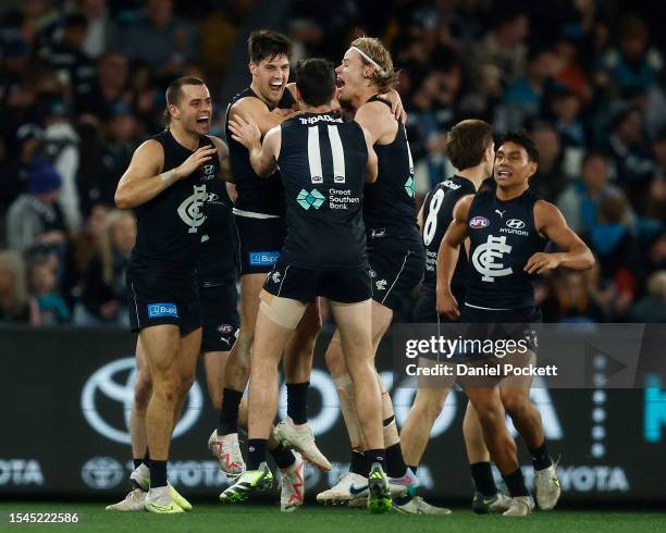 Nic Newman of the Blues celebrates kicking a goal during the round 18 AFL match between Carlton Blues and Port Adelaide Power at Marvel Stadium, on...